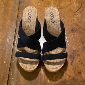 XOXO Belicia black cork wedges, 9, good preowned condition.